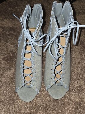 Lace-Up Peep Toe Women's Heels in Light Blue Denim